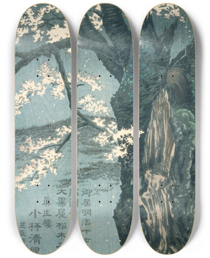 Triptych art skateboard deck of Kobayashi Kiyochika Warrior Taira No Tadanori About To Sleep Under A Cherry Tree by Kobayashi Kiyochika (1847-1915)