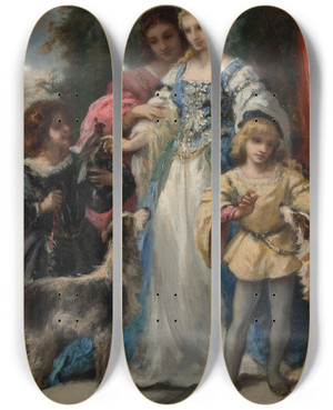Triptych art skateboard deck of Narcissevirgile Diaz De La Pea Femme Aux Chiens by Narcisse-Virgile Diaz de La Pea (1808-1876)