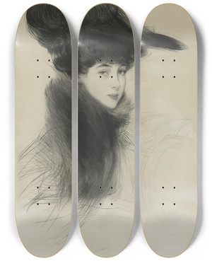 Triptych art skateboard deck of Paul Csar Helleu Portrait Of Consuelo Vanderbilt The Duchess Of Marlborough by Paul Cesar Helleu (1859-1927)