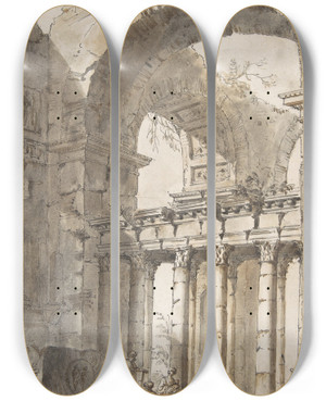 Triptych art skateboard deck of Giovanni Paolo Panini Ruins Of A Basilica Or Mausoleum by Giovanni Paolo Panini (1691-1765)