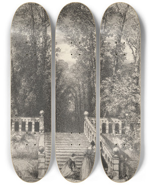 Triptych art skateboard deck of Thomas Creswick The Terrace by Thomas Creswick (1811-1869)