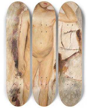 Triptych art skateboard deck of Tadeusz Makowski Nude Little Girl With A Raised Hand by Tadeusz Makowski (1882-1932)