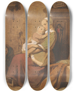 Triptych art skateboard deck of Jacob Spoel Moeder En Kind In Een Interieur by Jacob Spoel (1820-1868)