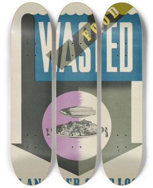 Triptych art skateboard deck of Abram Games Wasted Food Is Another Ship Lost by Abram Games (1914-1996)