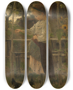 Triptych art skateboard deck of Jacob Maris Feeding Chickens by Jacob Maris (1837-1899)