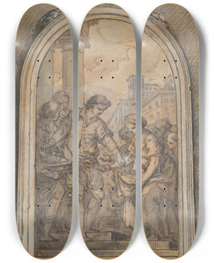 Triptych art skateboard deck of Charlesandr Van Loo St Gregory Distributing His Worldly Goods To The Poor by Charles-Andr van Loo (1705-1765)
