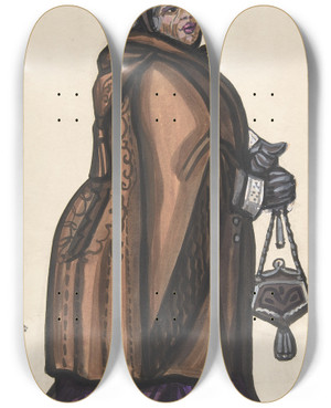 Triptych art skateboard deck of Sergey Yurievich Sudeikin Old Woman In A Brown Coat by Sergey Yurievich Sudeikin (1882-1946)