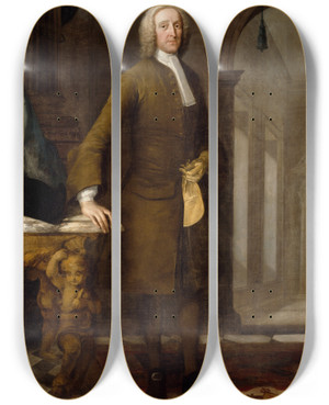 Triptych art skateboard deck of Thomas Frye Portrait Of John Allen Of Bridgewater by Thomas Frye (1710-1762)