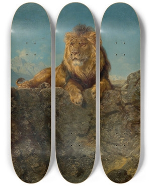 Triptych art skateboard deck of Ludwig Knaus Throning Lion by Ludwig Knaus (1829-1921)