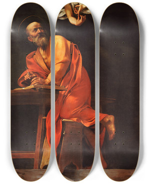 Triptych art skateboard deck of Caravaggio Saint Matthew And The Angel by Caravaggio (1571-1610)