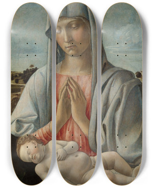 Triptych art skateboard deck of Giovanni Bellini Madonna Adoring The Sleeping Child by Giovanni Bellini (1426-1516)