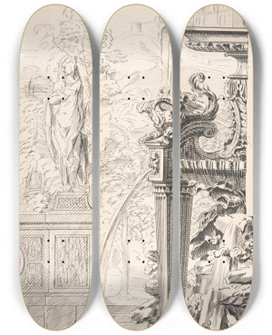 Triptych art skateboard deck of Workshop Of Gillesmarie Oppenord Study For A Garden Capriccio_3 by Workshop Of Gilles Marie Oppenord (1672-1742)