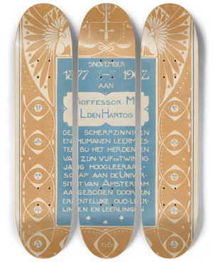 Triptych art skateboard deck of Reinier Willem Petrus De Vries Opdrachtblad Voor Een Album Voor Prof Mr L Den Hartog by Reinier Willem Petrus De Vries (1874-1952)