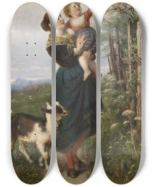 Triptych art skateboard deck of Rudolf Epp Die Kirschblten by Rudolf Epp (1834-1910)