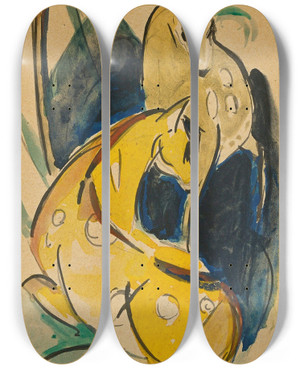Triptych art skateboard deck of Franz Marc Zwei Gelbe Tiere by Franz Marc (1880-1916)