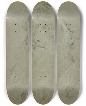 Triptych art skateboard deck of Giovanni Domenico Tiepolo Head Of A Beardedoriental by Giovanni Domenico Tiepolo (1727-1804)
