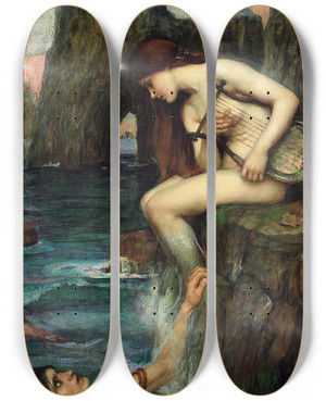 Triptych art skateboard deck of John William Waterhouse The Siren by John William Waterhouse (1849-1917)