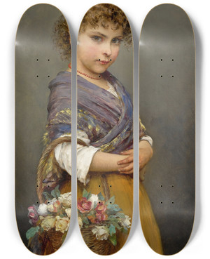 Triptych art skateboard deck of Eugen Von Blaas Young Girl With A Basket Of Flowers by Eugen Von Blaas (1843-1931)