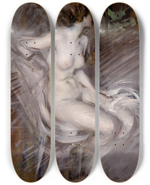 Triptych art skateboard deck of Giovanni Boldini Nudo Di Giovane Seduta Nudo Color Perla by Giovanni Boldini (1842-1931)