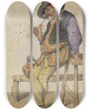 Triptych art skateboard deck of Cornelis Dusart Peasant Smoking by Cornelis Dusart (1660-1704)