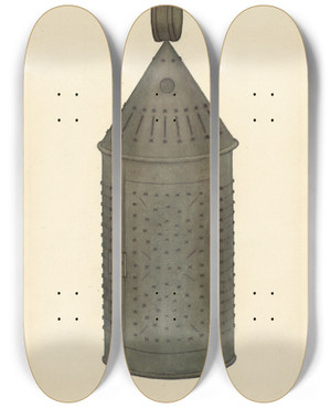 Triptych art skateboard deck of Francis Bruner Pierced Tin Lantern by Francis Bruner