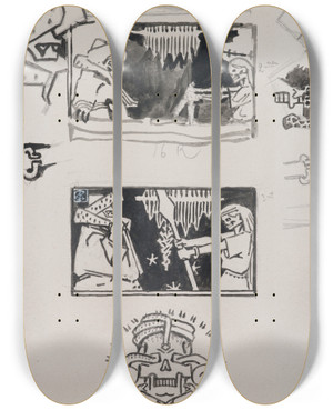 Triptych art skateboard deck of Akseli Gallenkallela Korukalevala The Illustrated Kalevala Sketches For Vinminens Visit In Tuonela by Akseli Gallen Kallela (1865-1931)