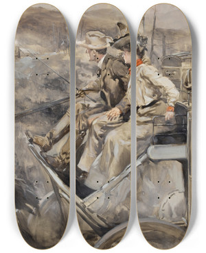 Triptych art skateboard deck of George Hand Wright Couple On Stagecoach by George Hand Wright (1872-1951)