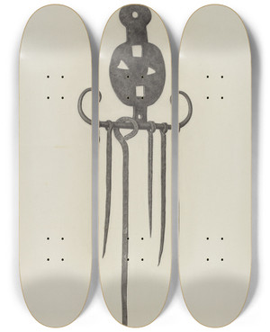Triptych art skateboard deck of Albert Taxson Skewers And Holder by Albert Taxson