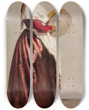 Triptych art skateboard deck of Julie Wilhelmine Hagenschwarz Italian Woman With A Tambourine by Julie Wilhelmine Hagen-Schwarz (1824-1902)