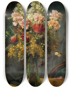 Triptych art skateboard deck of Hans Zatzka A Bouquet Of Flowers With Tulips And Carnations In A Glass Vase With Butterfly by Hans Zatzka (1859-1945)
