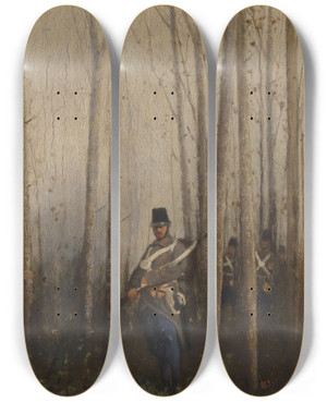 Triptych art skateboard deck of August Von Pettenkofen Wald Mit Soldaten by August Von Pettenkofen (1822-1889)