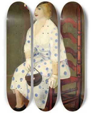 Triptych art skateboard deck of George Luks The Polka Dot Dress by George Luks (1866-1933)