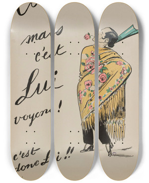 Triptych art skateboard deck of Georges Goursat Sem Elle by Georges Goursat (Sem) (1863-1934)