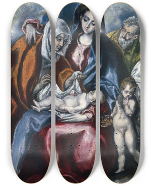 Triptych art skateboard deck of El Greco Domenikos Theotokopoulos The Holy Family With Saint Anne And The Infant John The Baptist by El Greco Domenikos Theotokopoulos (1540-1614)