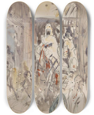 Triptych art skateboard deck of Marius Bauer Straat Met Figuren En Ruiters by Marius Bauer (1867-1932)