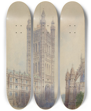 Triptych art skateboard deck of Edward Duncan Victoria Tower by Edward Duncan (1803-1882)