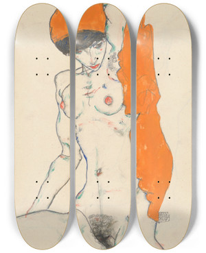 Triptych art skateboard deck of Egon Schiele Standing Nude With Orange Drapery by Egon Schiele (1890-1918)