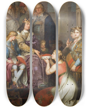 Triptych art skateboard deck of Nicolai Abildgaard Christian I Proclaiming Holstein A Duchy In 1474 Painted For Christiansborg Castle by Nicolai Abildgaard (1743-1809)
