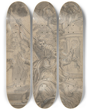 Triptych art skateboard deck of Cosimo Ulivelli Martyrdom Of Two Female Saints by Cosimo Ulivelli (1625-1705)