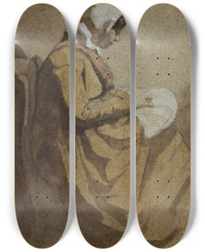 Triptych art skateboard deck of Franois Bonvin La Brodeuse by Francois Bonvin (1817-1887)