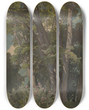 Triptych art skateboard deck of Jakob Becker Park Study Glade by Jakob Becker (1810-1872)