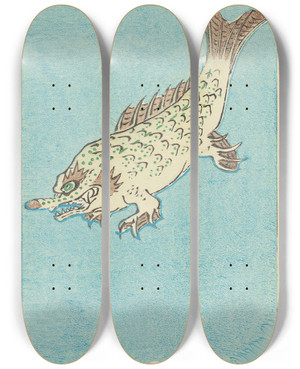 Triptych art skateboard deck of Jinta Hirayama Illustrated Catalogue Of Daylight Bomb Shells No 38 by Jinta Hirayama (19-)
