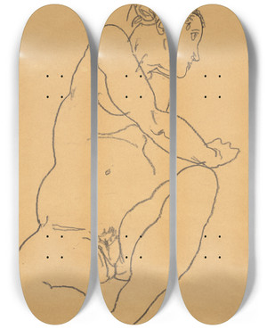 Triptych art skateboard deck of Egon Schiele Female Nude Bending To The Left by Egon Schiele (1890-1918)