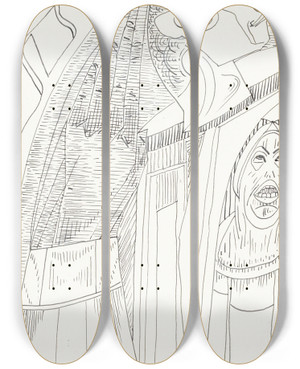 Triptych art skateboard deck of Samuel Jessurun De Mesquita Figuur Met Een Puntige Neus En Lange Wimpers In Profiel Naar Rechts by Samuel Jessurun De Mesquita (1868-1944)