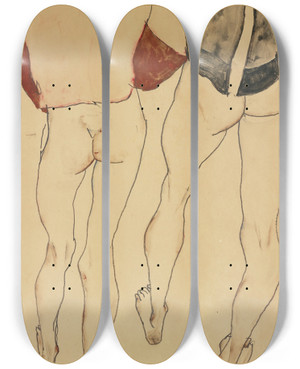 Triptych art skateboard deck of Egon Schiele Zwei Stehende Weibliche Halbakte Two Standing Seminude Females by Egon Schiele (1890-1918)
