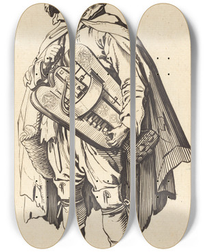 Triptych art skateboard deck of After Jacques Callot The Hurdygurdy Player by After Jacques Callot (1592-1635)