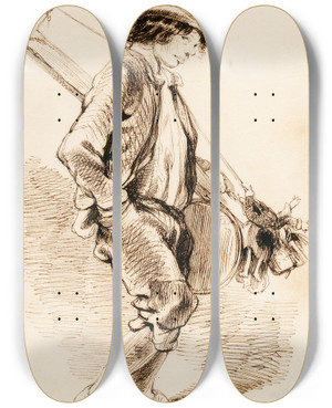 Triptych art skateboard deck of Pieter Van Loon Een Rondtrekkende Poppenspeler by Pieter Van Loon (1801-1873)