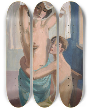 Triptych art skateboard deck of Hermann Lismann Sitzender Mnnerakt Einen Stehenden Frauenakt Umarmend by Hermann Lismann (1878-1943)