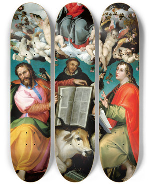 Triptych art skateboard deck of Bartolomeo Passarotti The Coronation Of The Virgin With Saints Luke Dominic And John The Evangelist by Bartolomeo Passarotti (1529-1592)