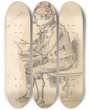 Triptych art skateboard deck of Paul Franz Otto Sitzender Lesender Mann Von Der Seite by Paul Franz Otto (1839-1927)